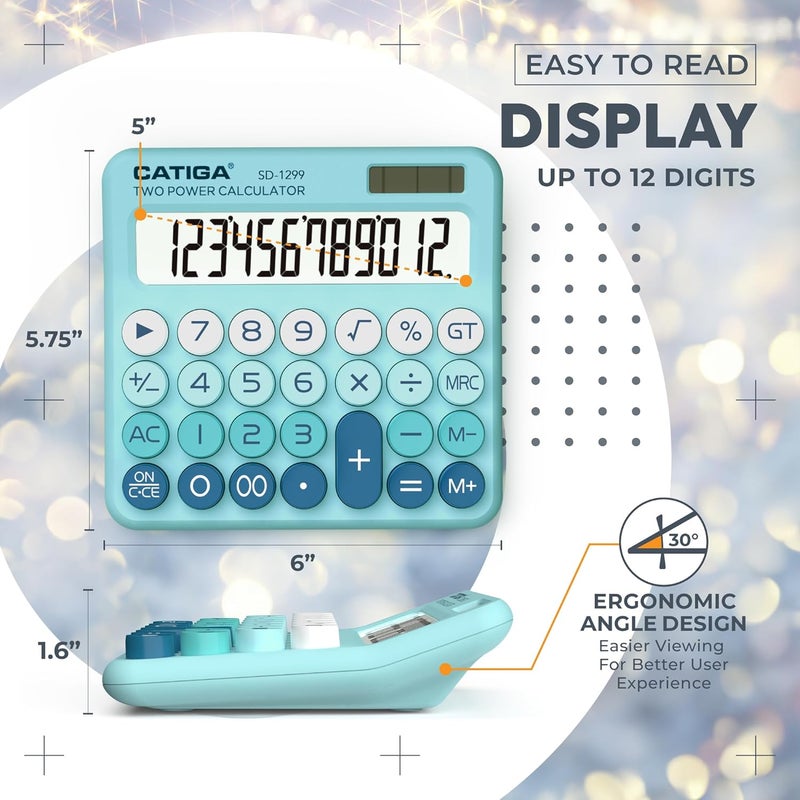 CATIGA Mechanical Switch Calculator with Solar and Battery Dual Power, 12-Digit Large LCD Display, Aesthetic and Cute Desktop Calculator with Big Button, for Home, School and Office Use, SD-1299 - Image 4